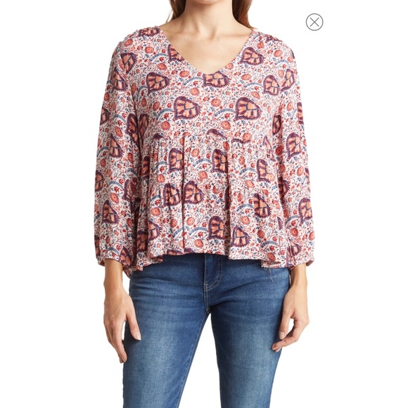 Lucky Brand Victoria Long Sleeve Baby Doll Flowy High/Low Hem Top Sz L NWT - Picture 14 of 15